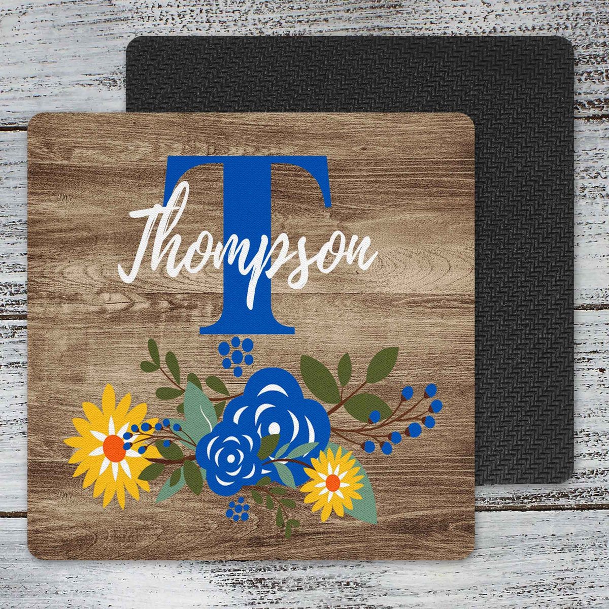 Personalized Coasters | Custom Stone Coaster Set | Faux Wood Sunflower | Set of 4