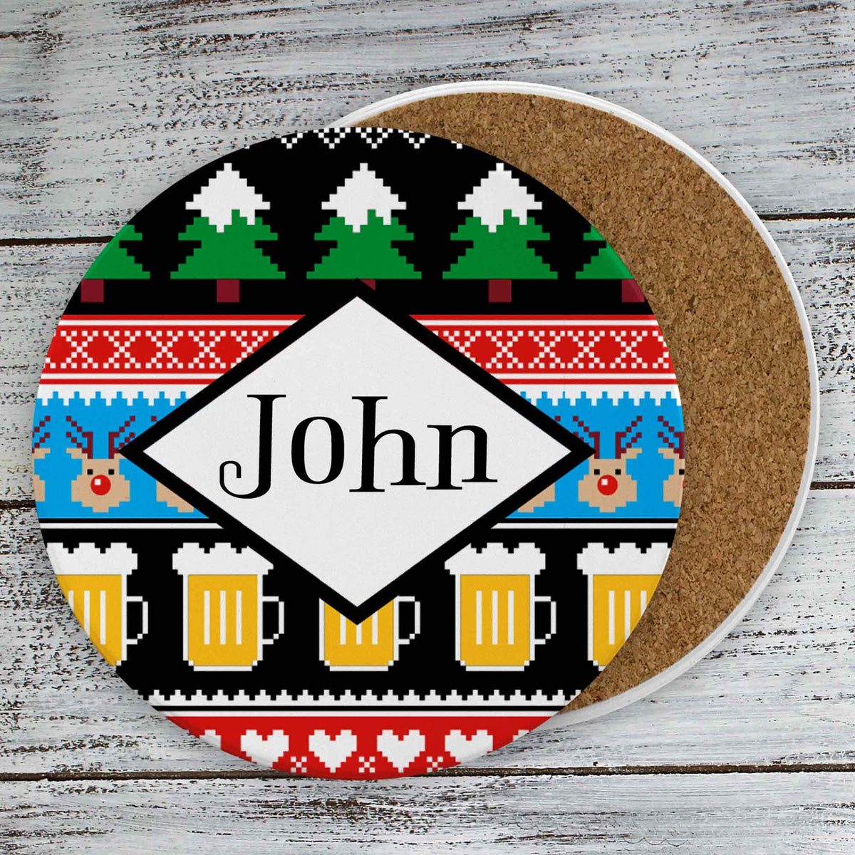 Personalized Coasters | Custom Stone Coaster Set | Ugly Sweater Reindeer | Set of 4