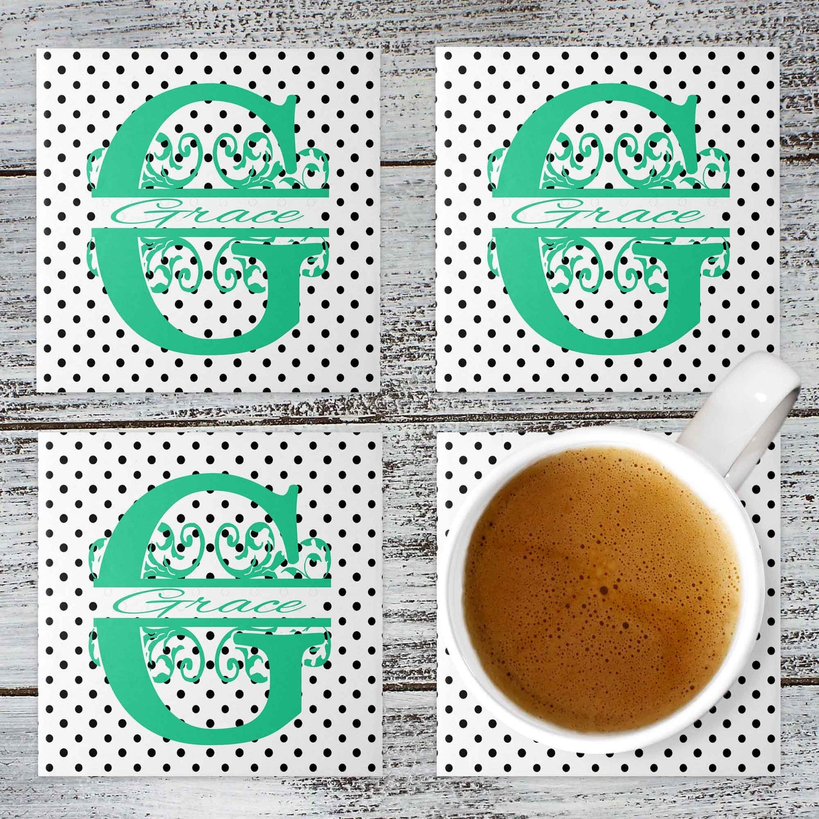 Personalized Coasters | Custom Stone Coaster Set | Black Polka Dot | Set of 4