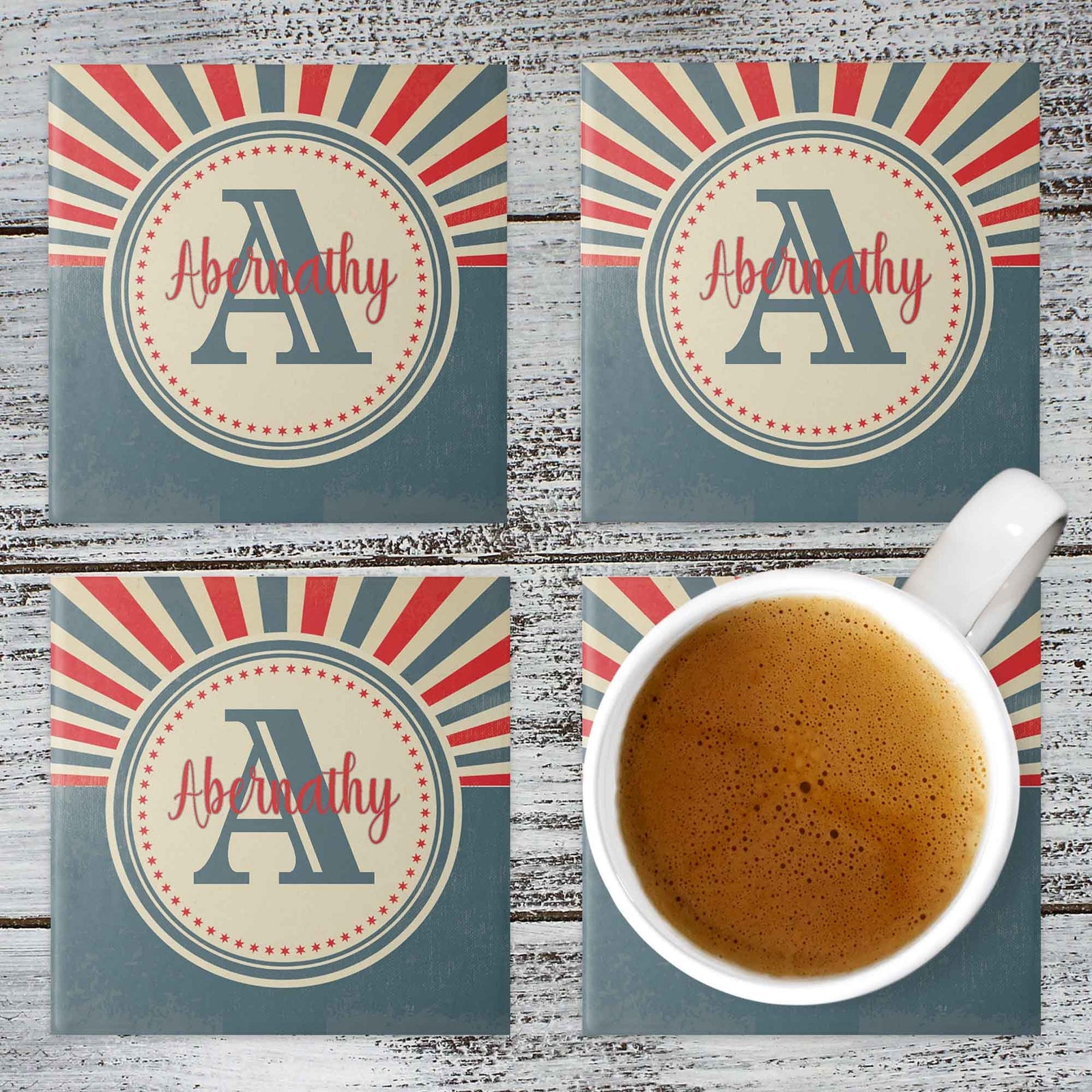 Personalized Coasters | Custom Stone Coaster Set | Sunburst Retro Americana | Set of 4