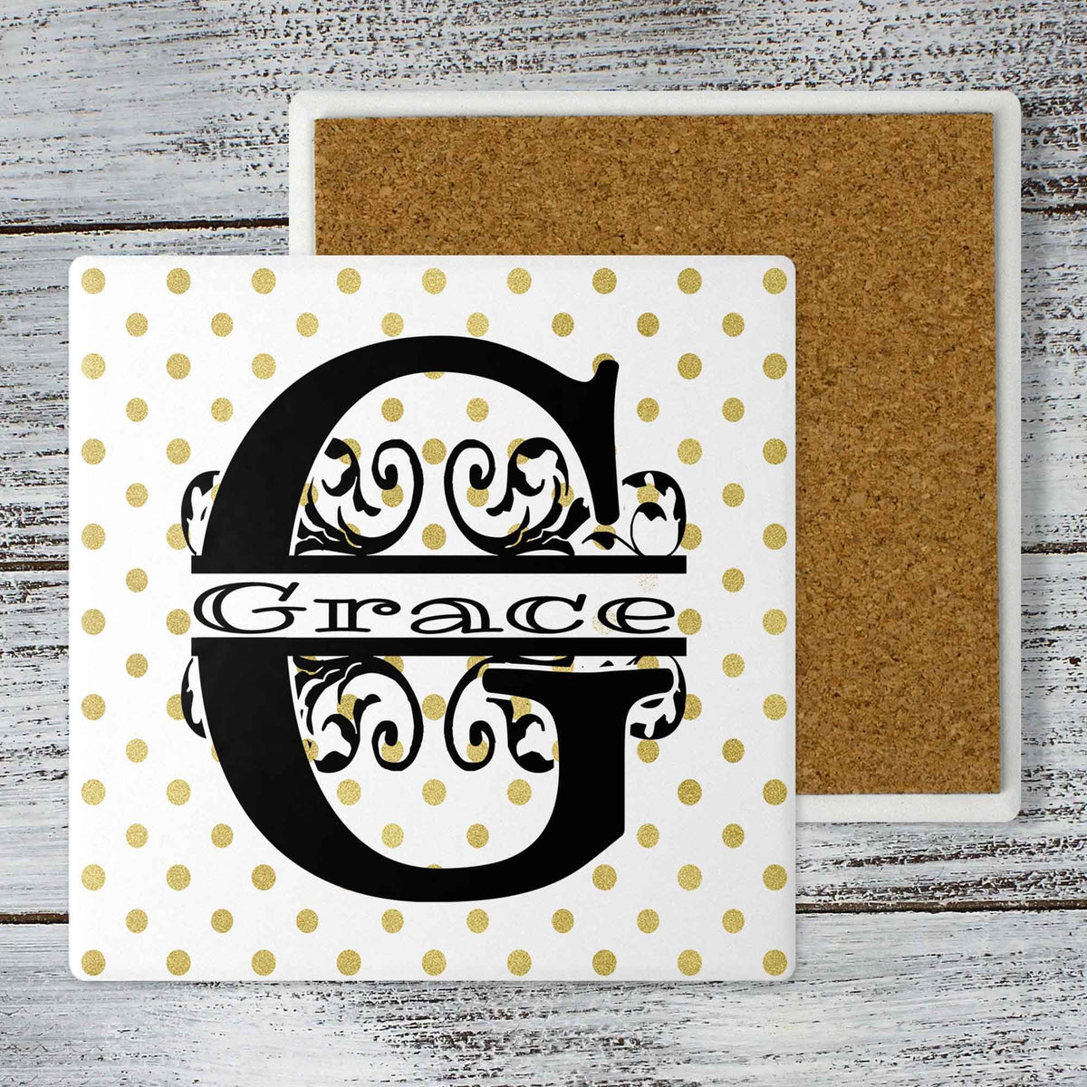 Personalized Coasters | Custom Stone Coaster Set | Gold Polka Dot | Set of 4