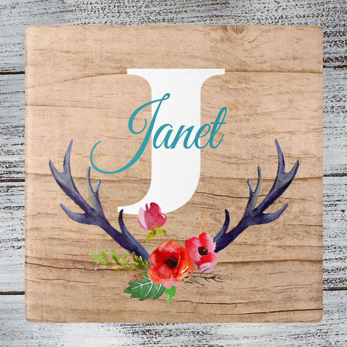 Personalized Coasters | Custom Stone Coaster Set | Floral Antlers | Set of 4