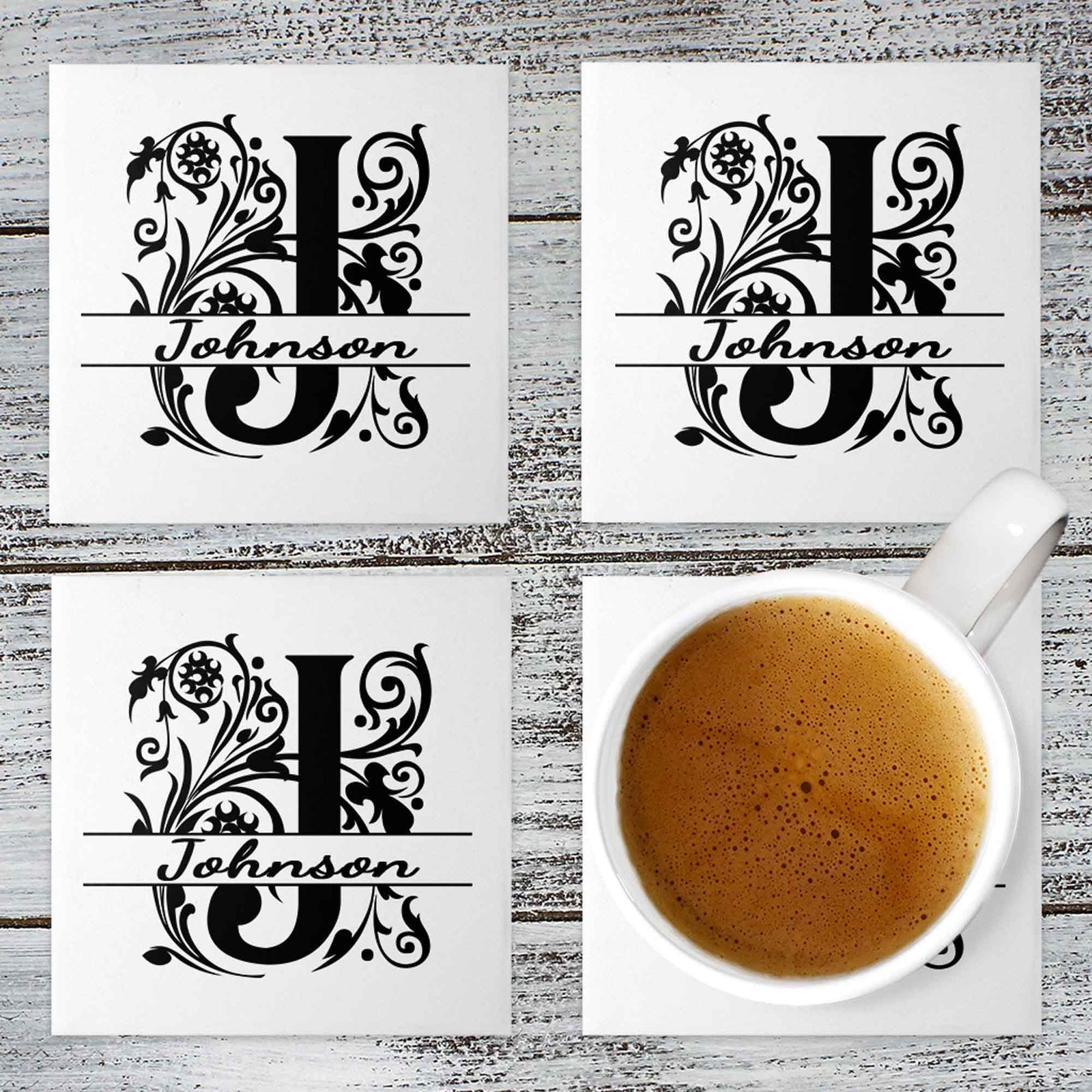 Personalized Coasters | Custom Stone Coaster Set | Regal Floral Monogram | Set of 4