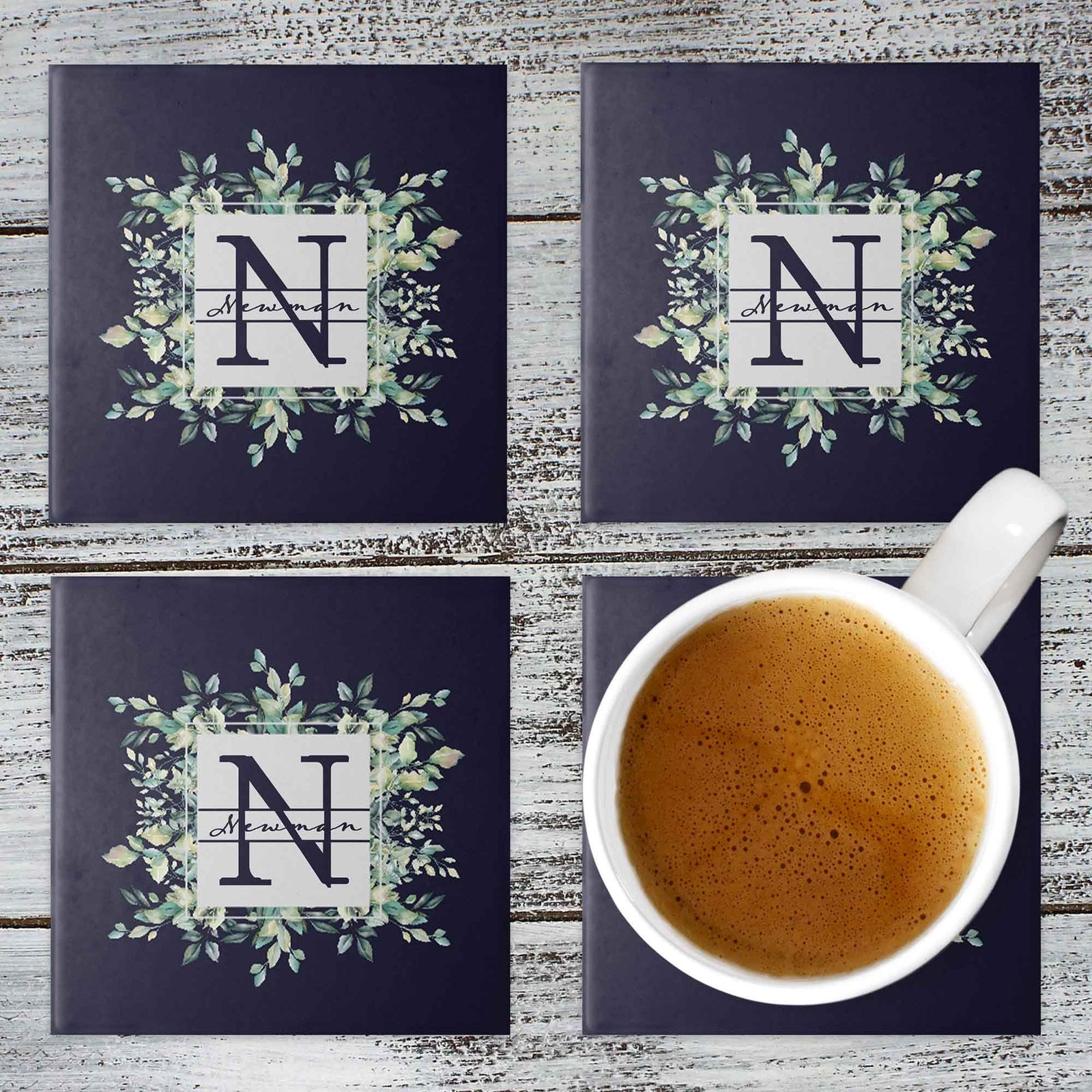 Personalized Coasters | Custom Stone Coaster Set | Succulent Bouquet Blue | Set of 4