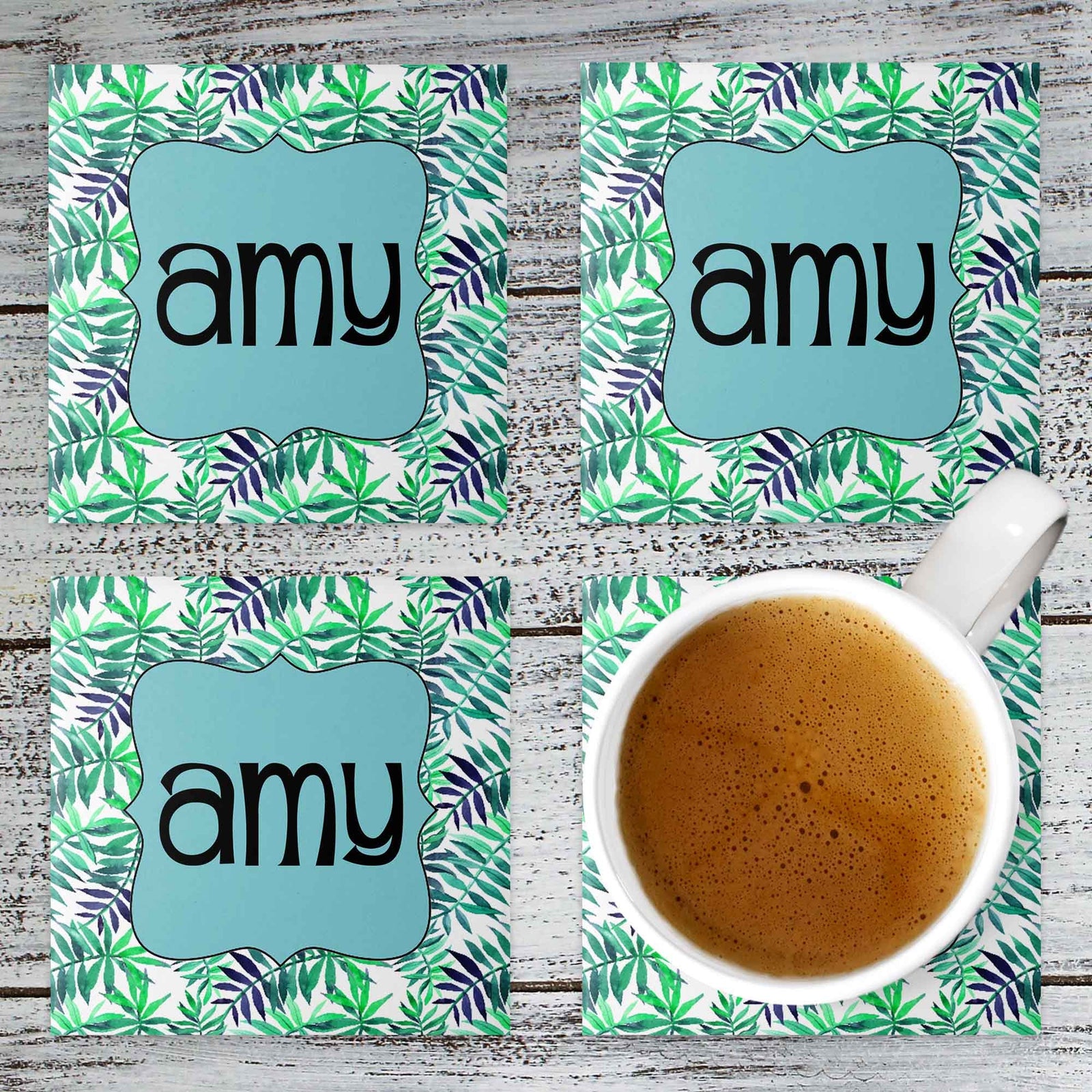 Personalized Coasters | Custom Stone Coaster Set | Floral Fern | Set of 4