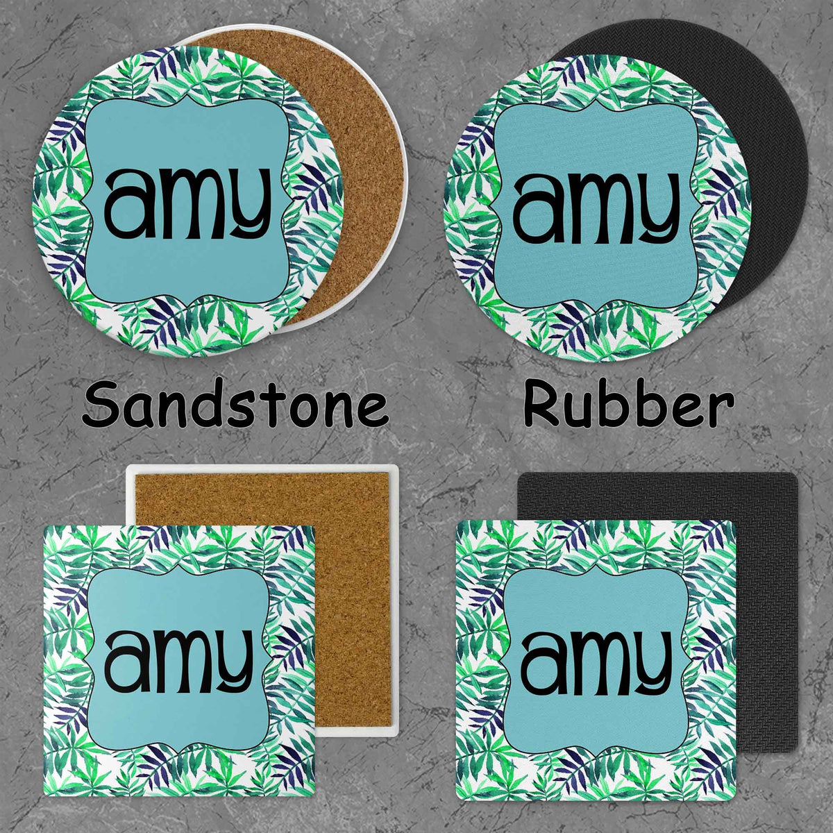 Personalized Coasters | Custom Stone Coaster Set | Floral Fern | Set of 4