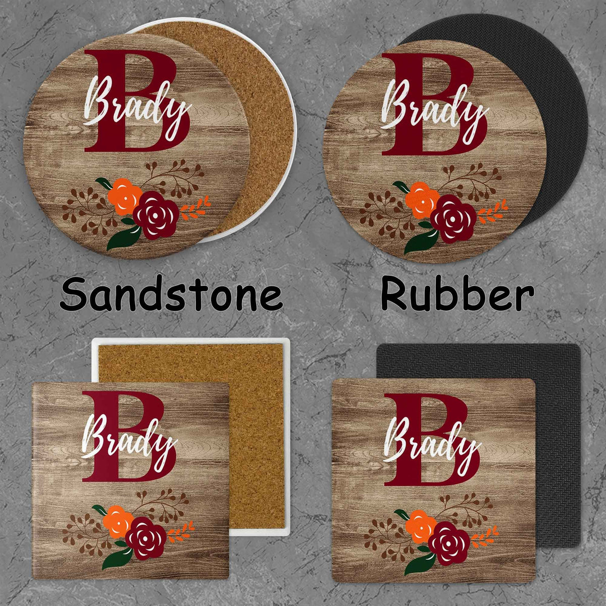 Personalized Coasters | Custom Stone Coaster Set | Faux Wood Burgundy | Set of 4