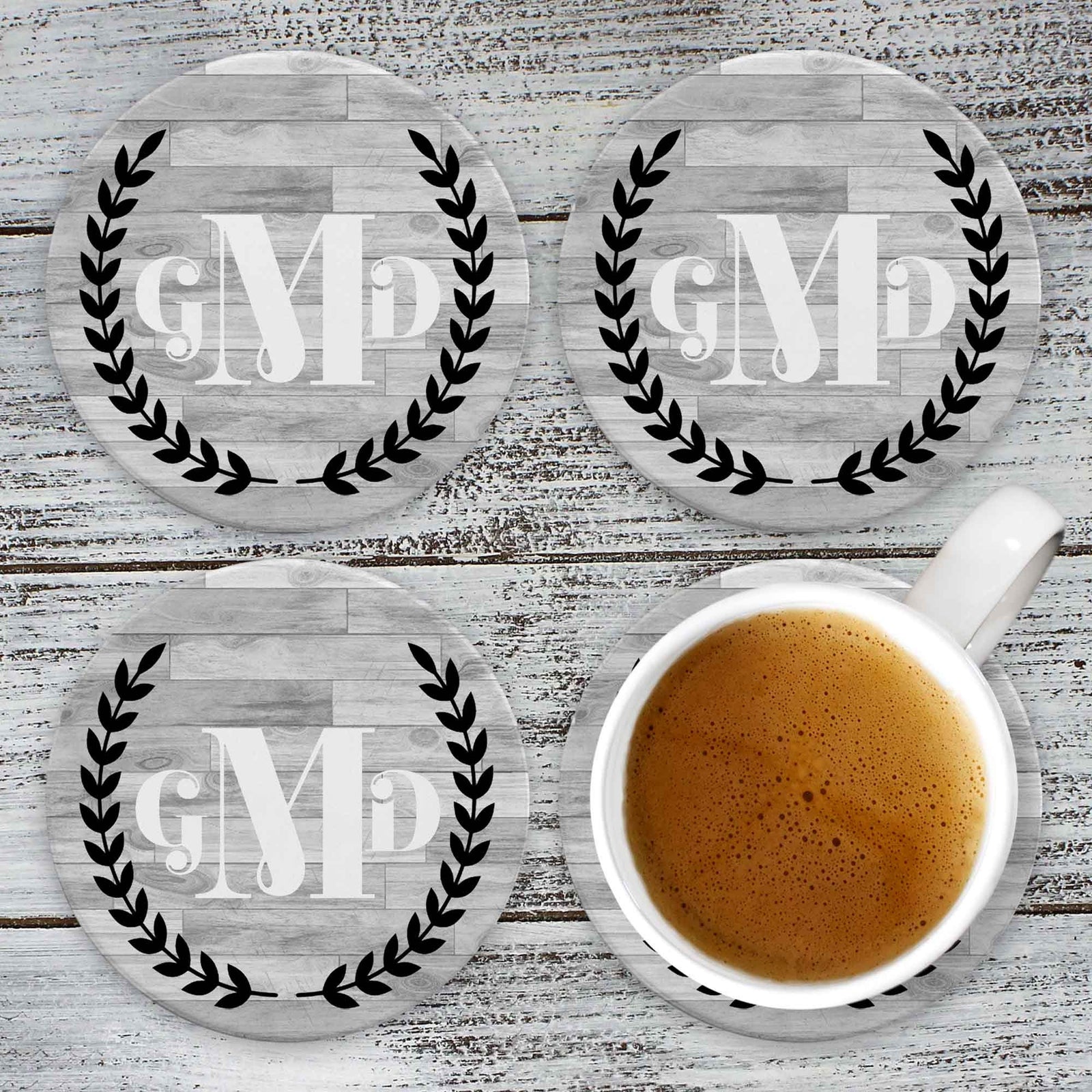 Personalized Coasters | Custom Stone Coaster Set | Laurel Wreath Monogram | Set of 4