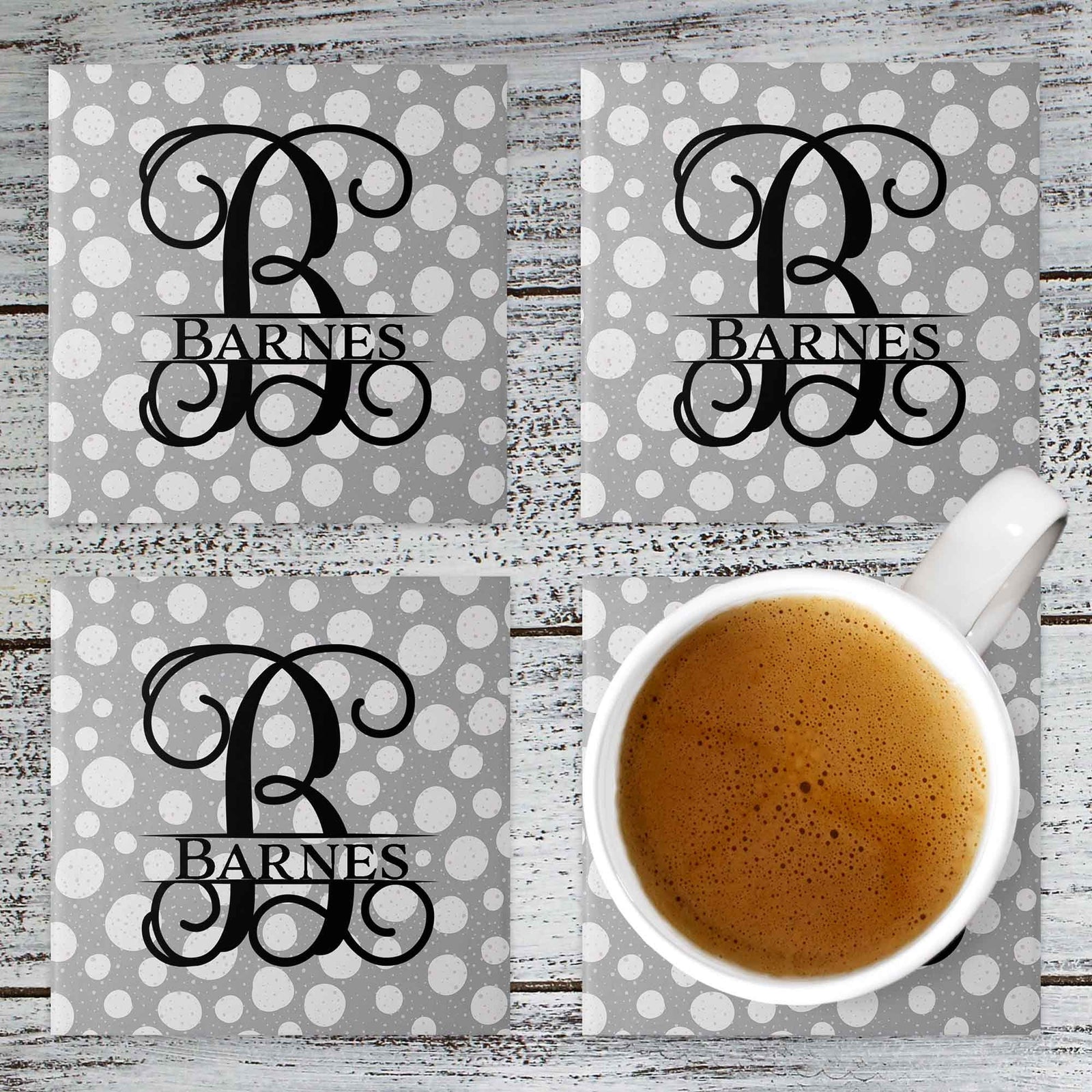 Personalized Coasters | Custom Stone Coaster Set | Gray and White Polka Dots | Set of 4