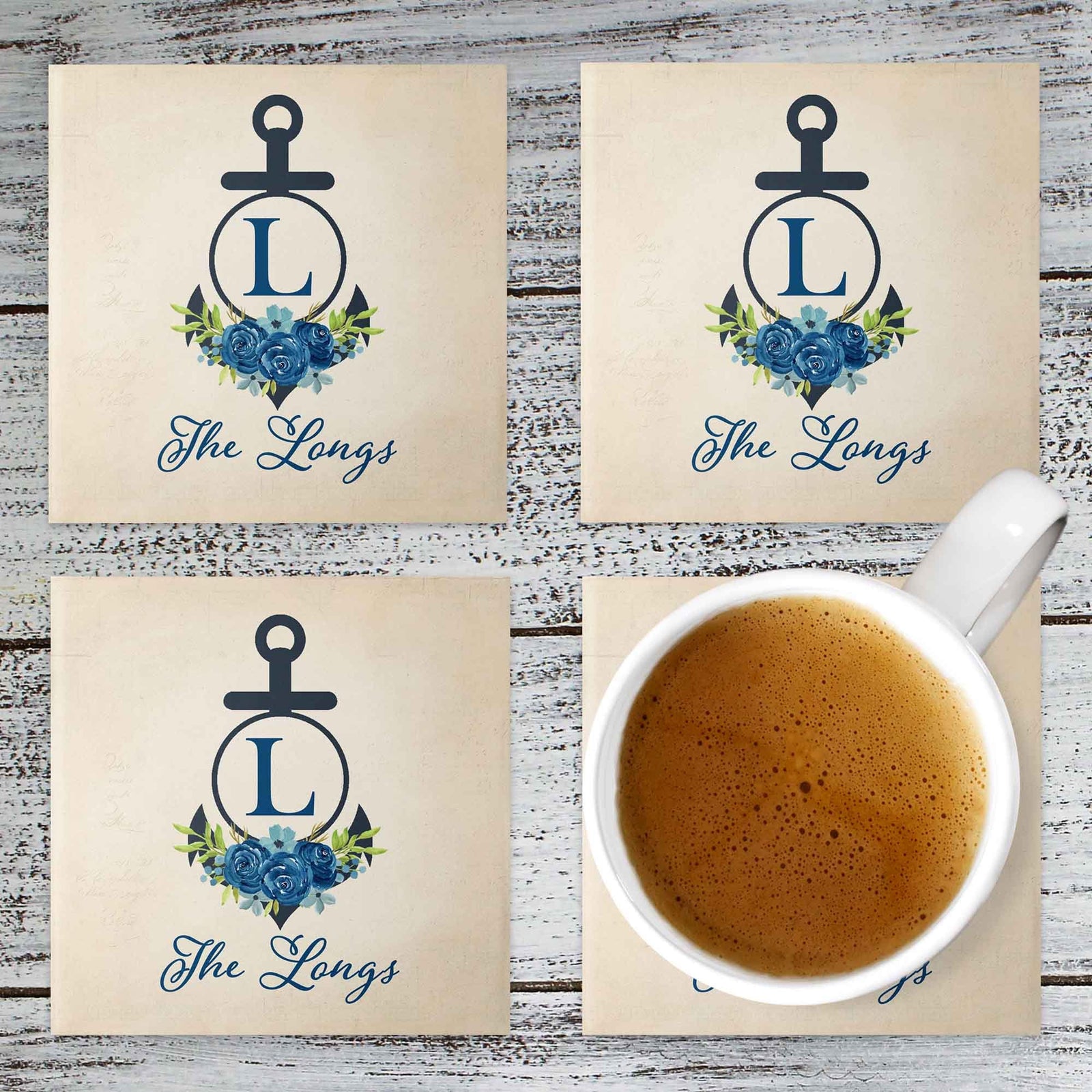 Personalized Coasters | Custom Stone Coaster Set | Anchor with Navy Roses | Set of 4