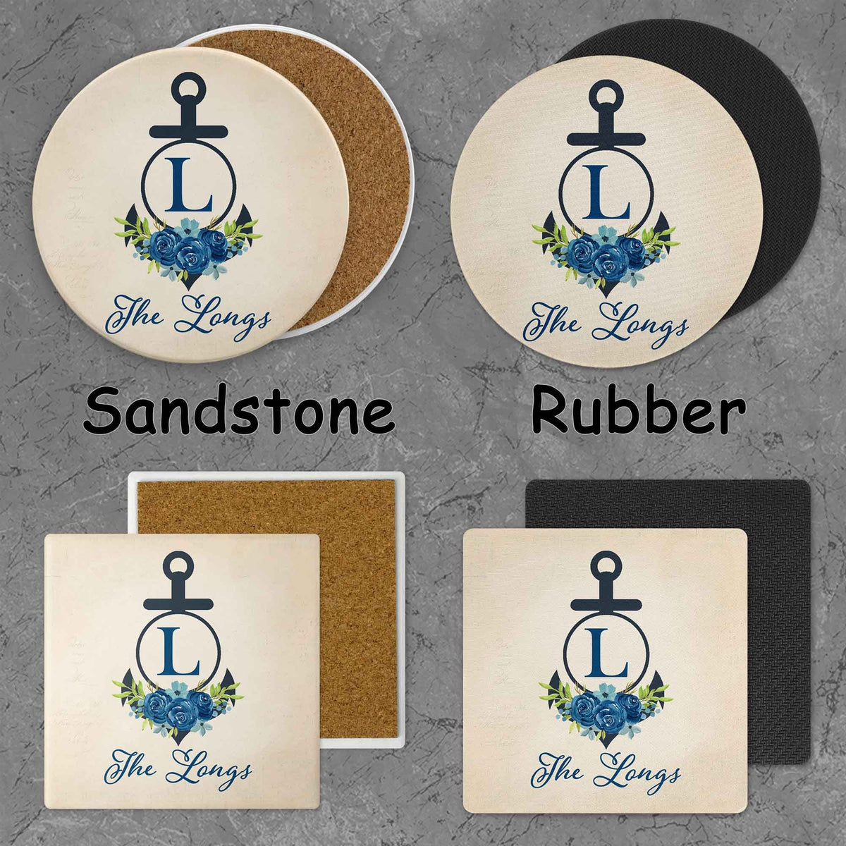 Personalized Coasters | Custom Stone Coaster Set | Anchor with Navy Roses | Set of 4