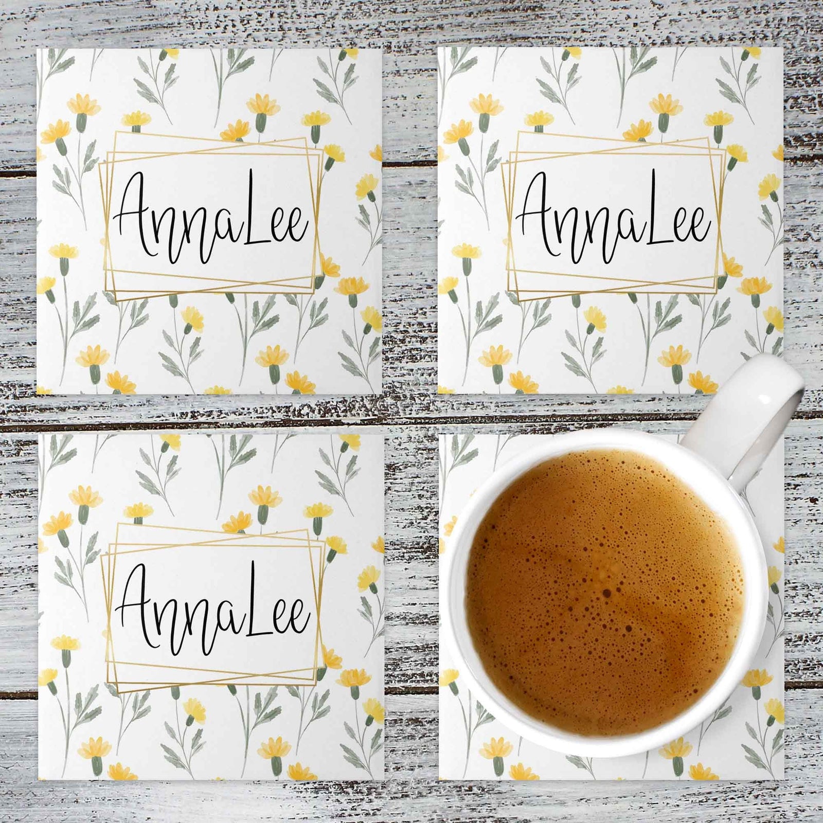Personalized Coasters | Custom Stone Coaster Set | Yellow Watercolor Flowers | Set of 4