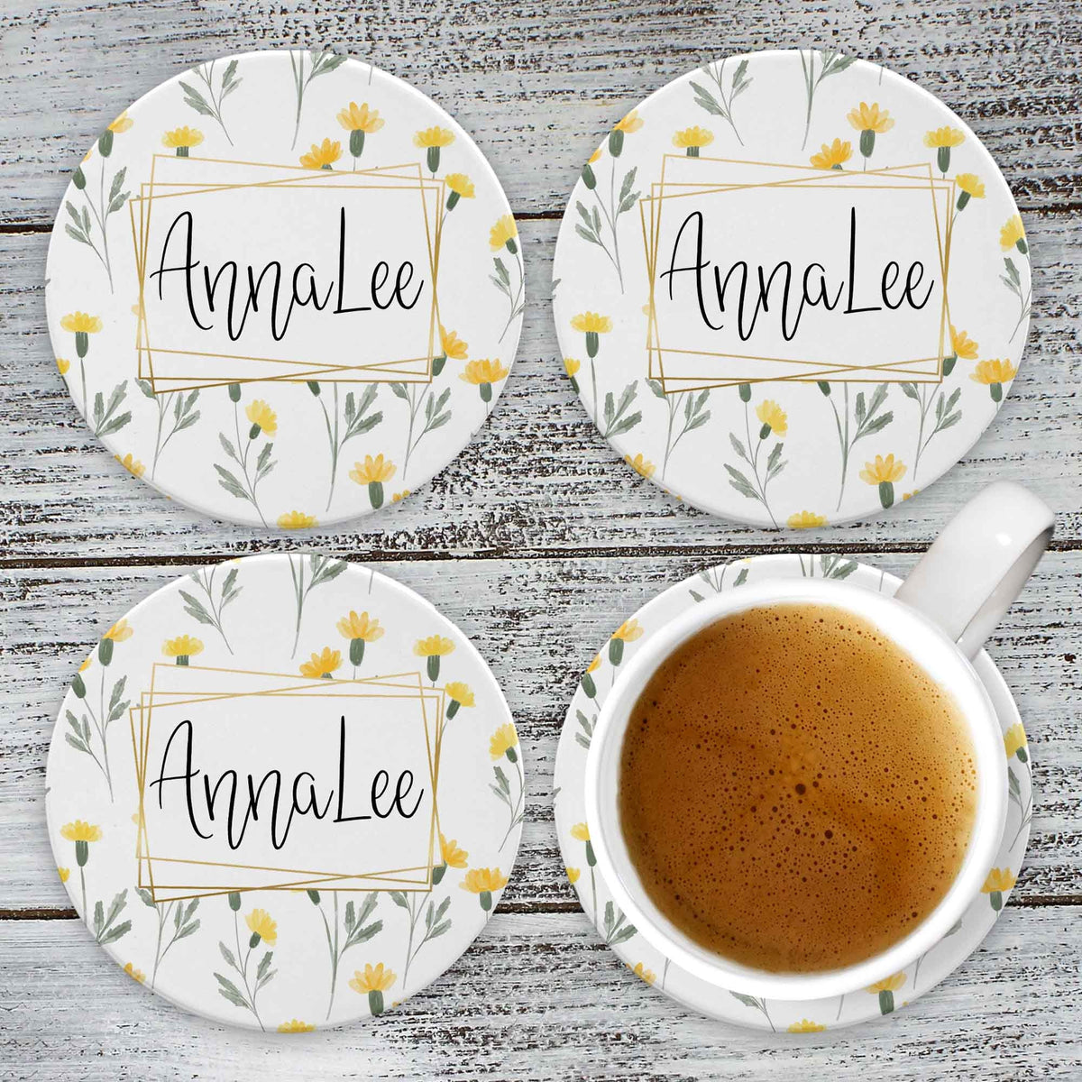 Personalized Coasters | Custom Stone Coaster Set | Yellow Watercolor Flowers | Set of 4