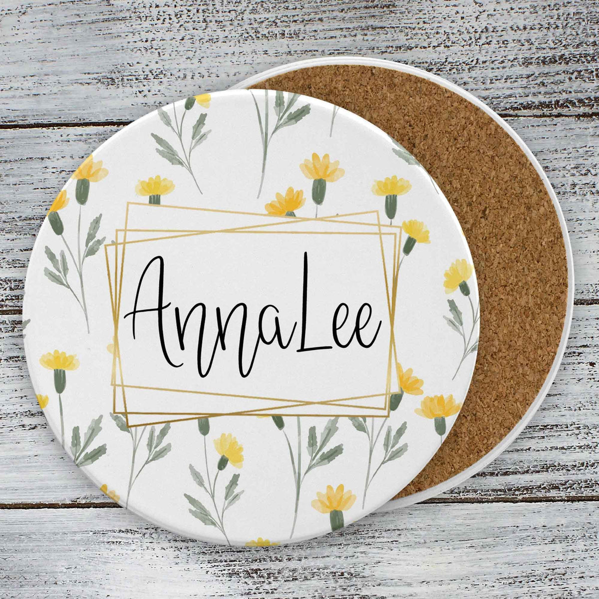 Personalized Coasters | Custom Stone Coaster Set | Yellow Watercolor Flowers | Set of 4