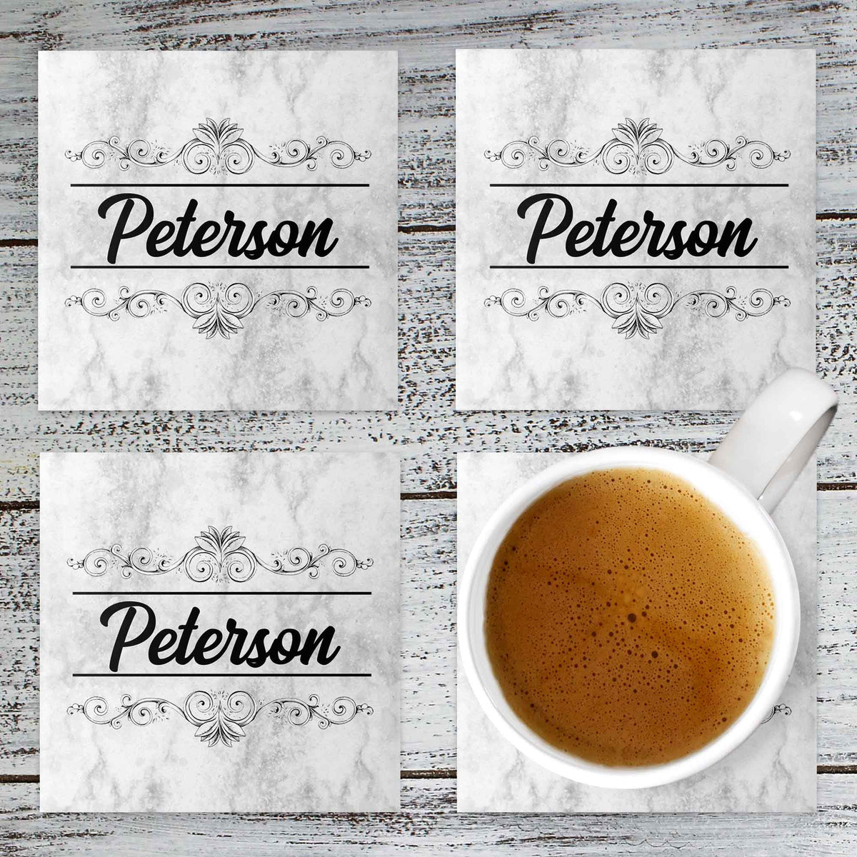 Personalized Coasters | Custom Stone Coaster Set | Marble Black &amp; White Filgree | Set of 4