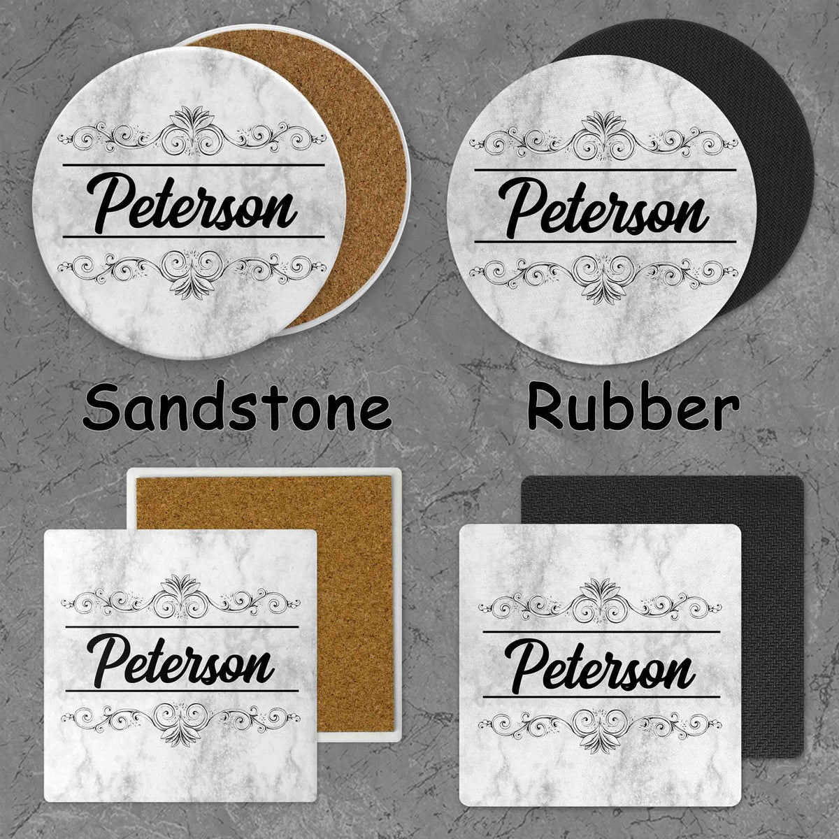 Personalized Coasters | Custom Stone Coaster Set | Marble Black &amp; White Filgree | Set of 4