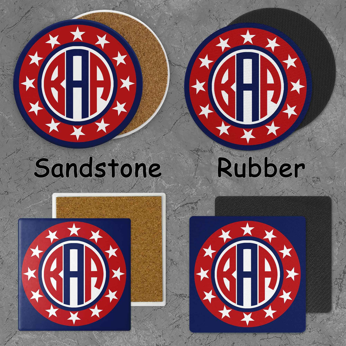 Personalized Coasters | Custom Stone Coaster Set | Star Shield Monogram | Set of 4