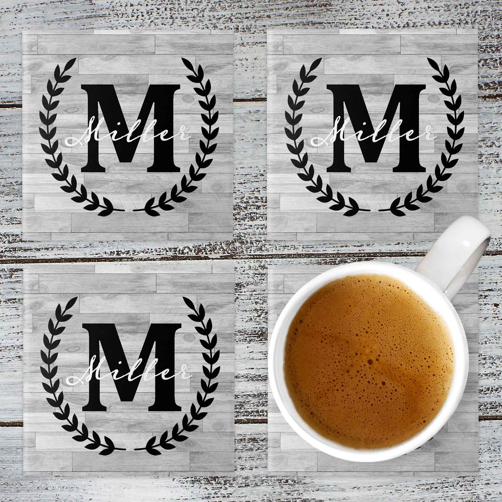 Personalized Coasters | Custom Stone Coaster Set | Laurel Wreath LC | Set of 4