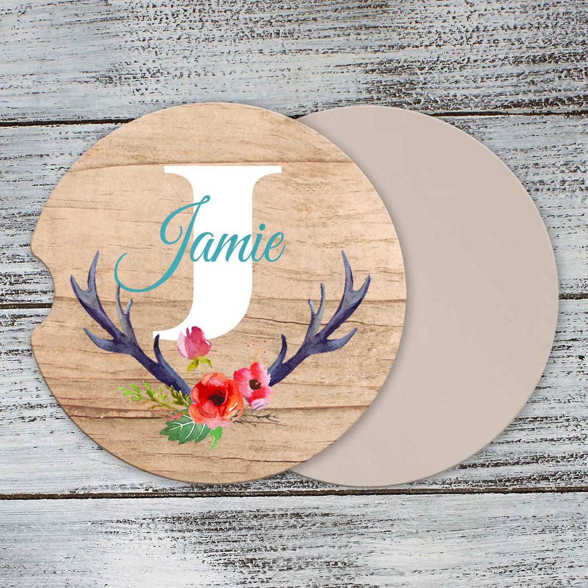 Personalized Car Coasters | Custom Car Accessories | Floral Antlers | Set of 2