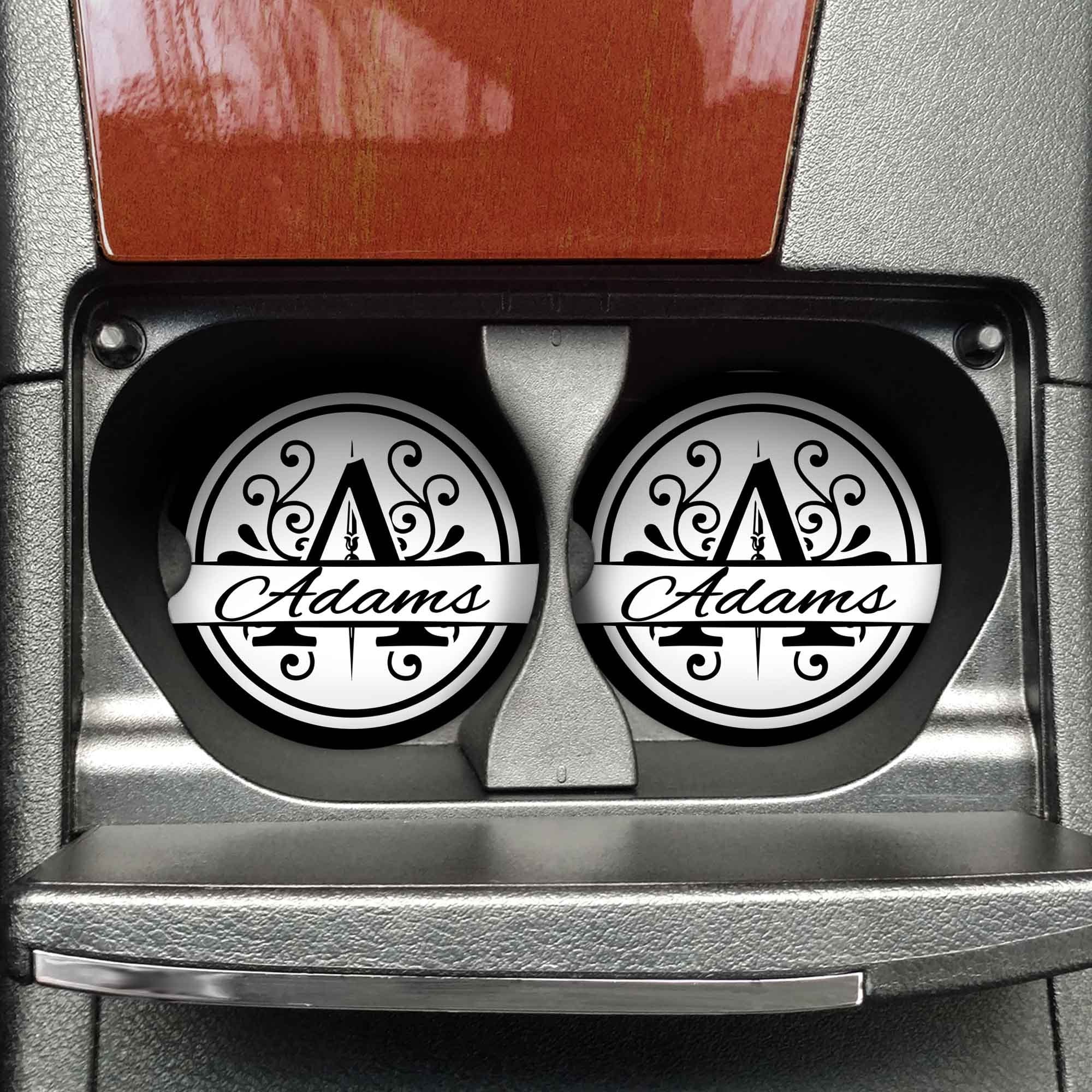 Personalized Car Coasters | Custom Car Accessories | Split Circle Monogram | Set of 2