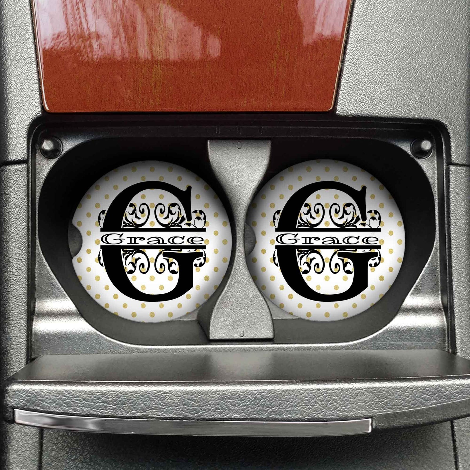 Personalized Car Coasters | Custom Car Accessories | Gold Polka Dot | Set of 2