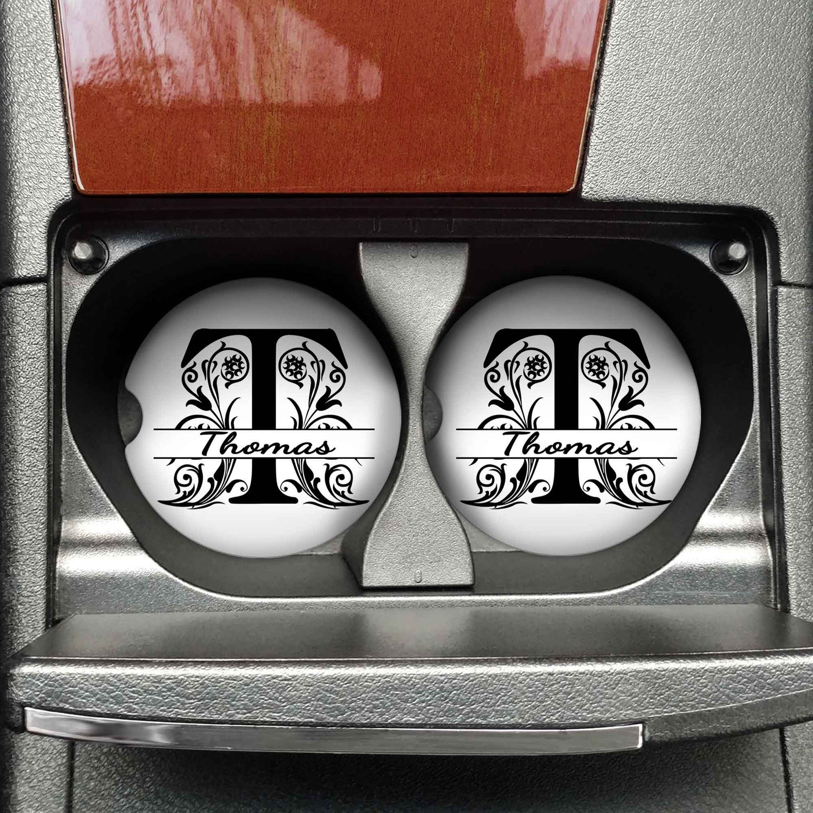 Personalized Car Coasters | Custom Car Accessories | Regal Floral Monogram | Set of 2