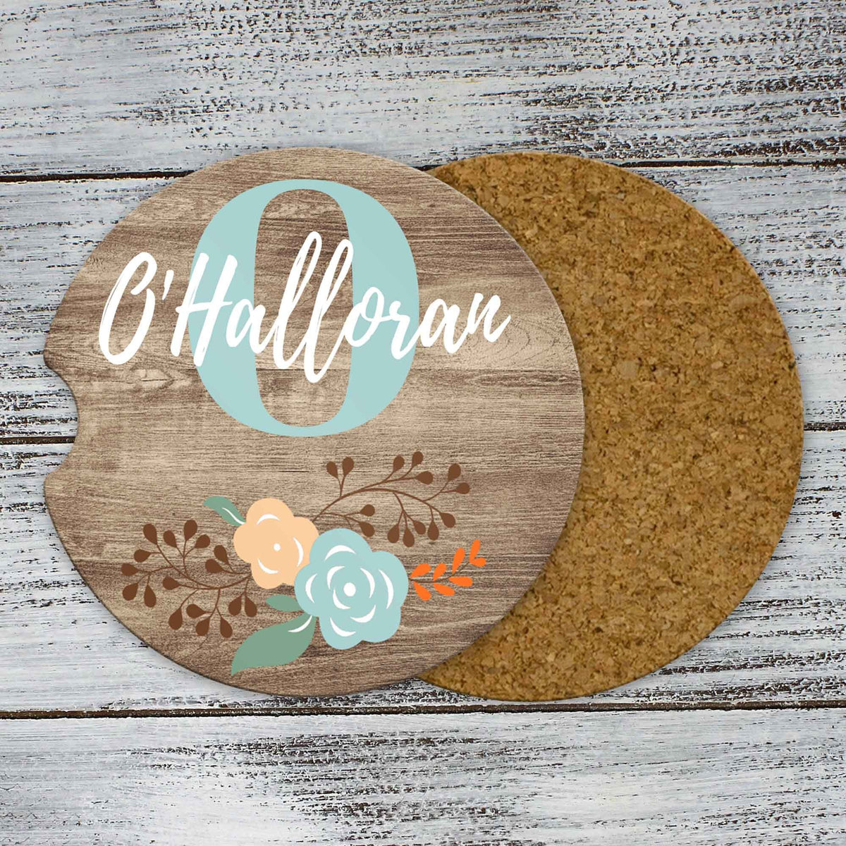 Personalized Car Coasters | Custom Car Accessories | Faux Wood Floral | Set of 2