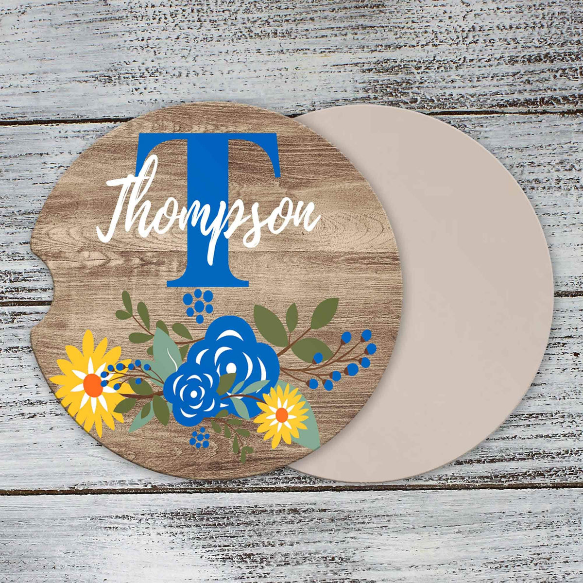 Personalized Car Coasters | Custom Car Accessories | Faux Wood Sunflower | Set of 2
