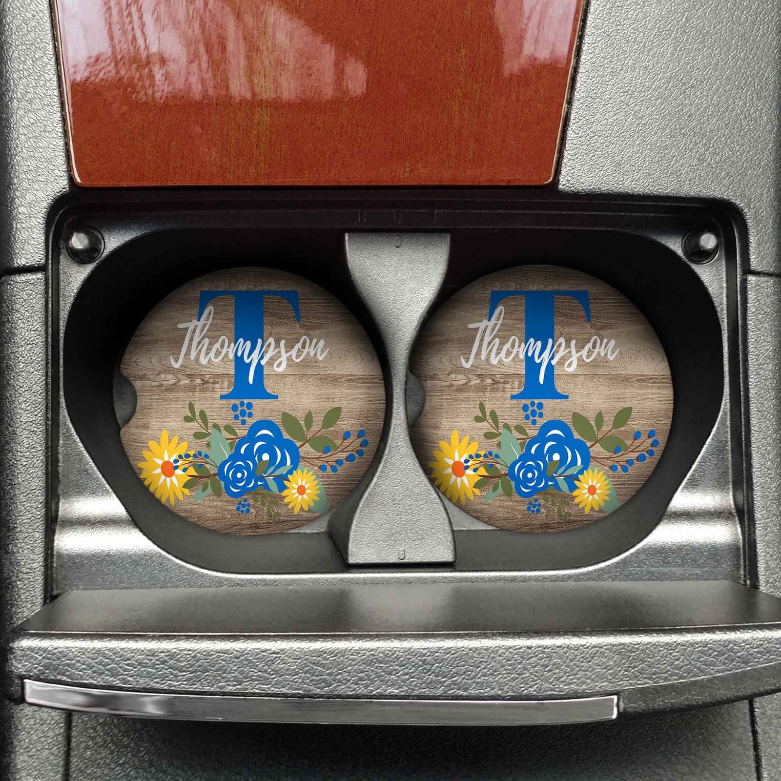 Personalized Car Coasters | Custom Car Accessories | Faux Wood Sunflower | Set of 2