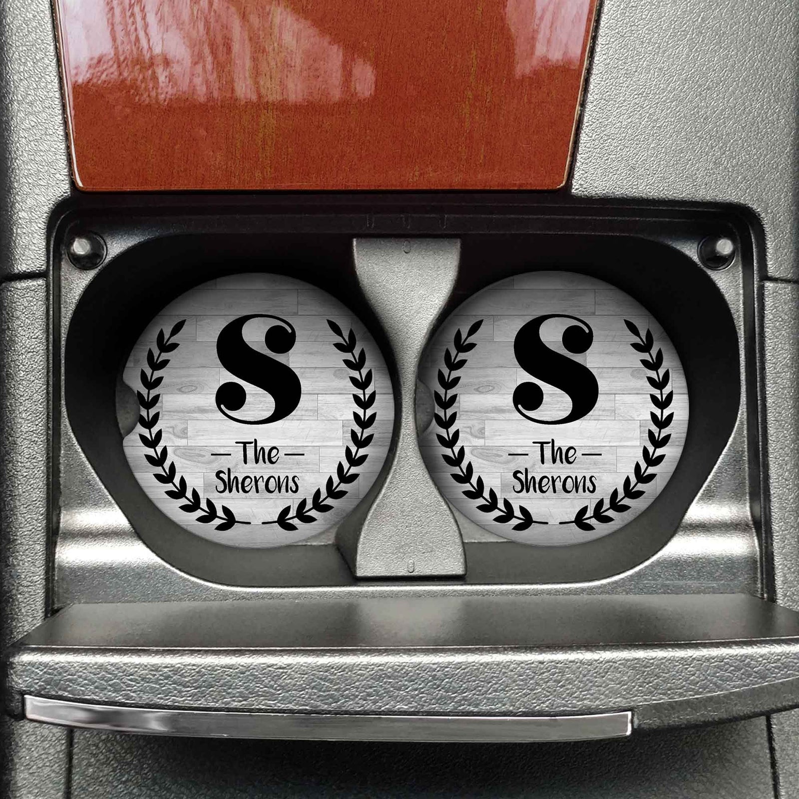 Personalized Car Coasters | Custom Car Accessories | Laurel Wreath Family | Set of 2