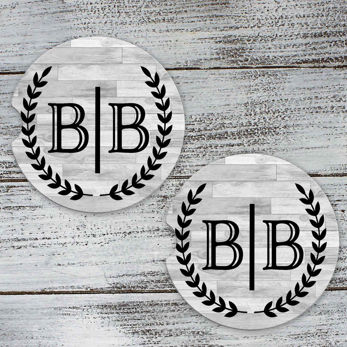 Personalized Car Coasters | Custom Car Accessories | Laurel Wreath Side by Side | Set of 2