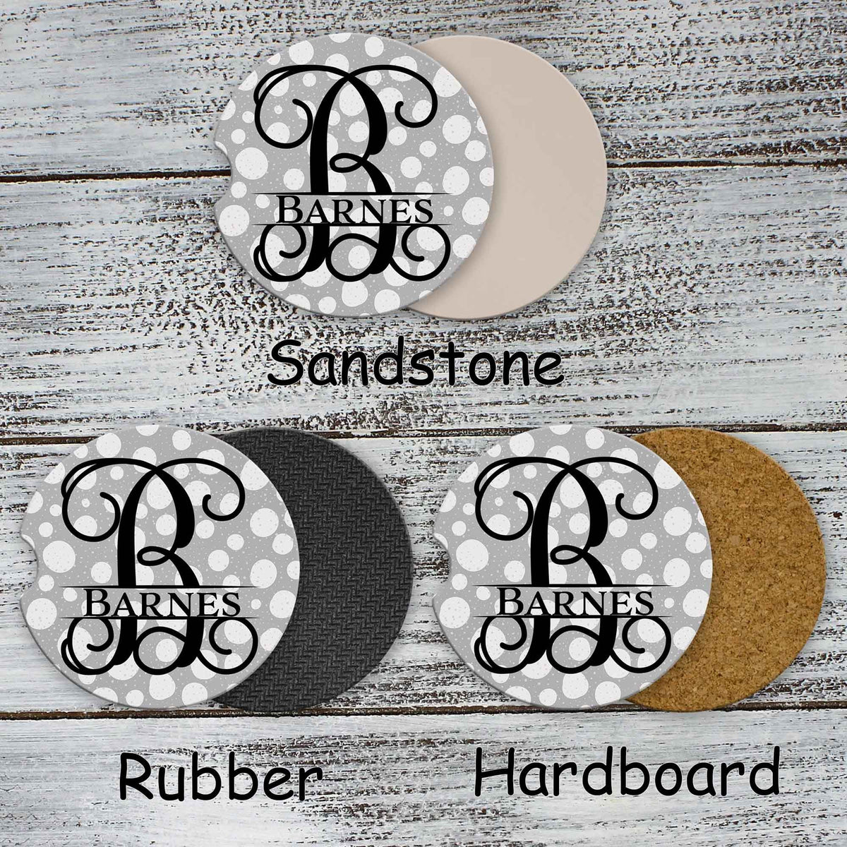 Personalized Car Coasters | Custom Car Accessories | Gray and White Polka Dots | Set of 2