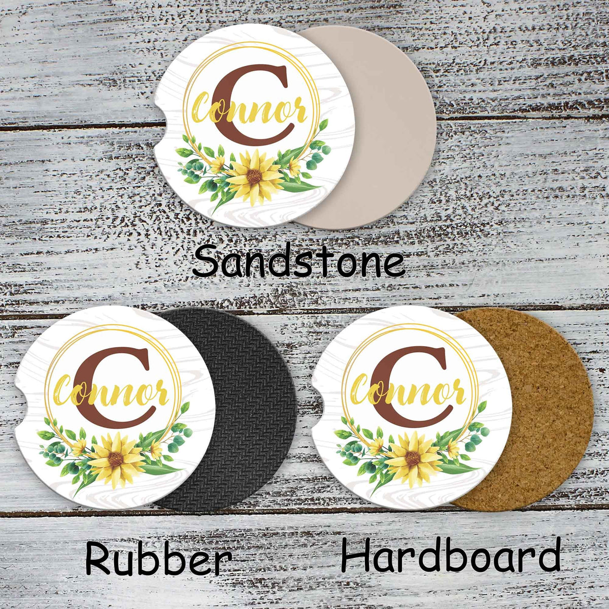 Personalized Car Coasters | Custom Car Accessories | Sunflower Monogram | Set of 2