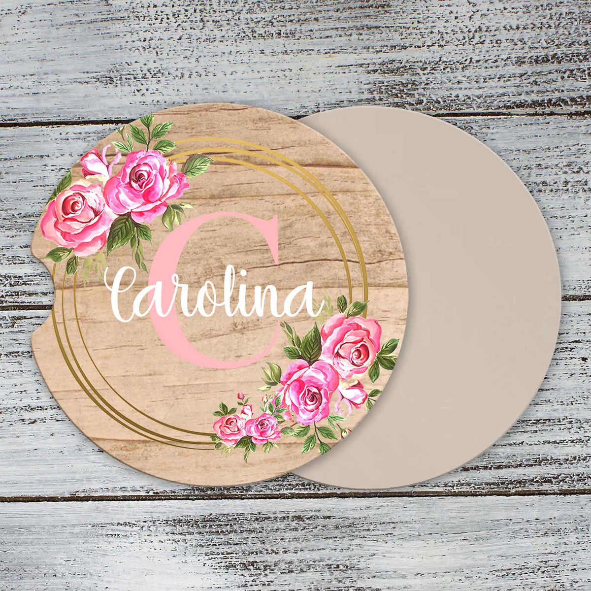 Personalized Car Coasters | Custom Car Accessories | Gold Rose Wreath | Set of 2