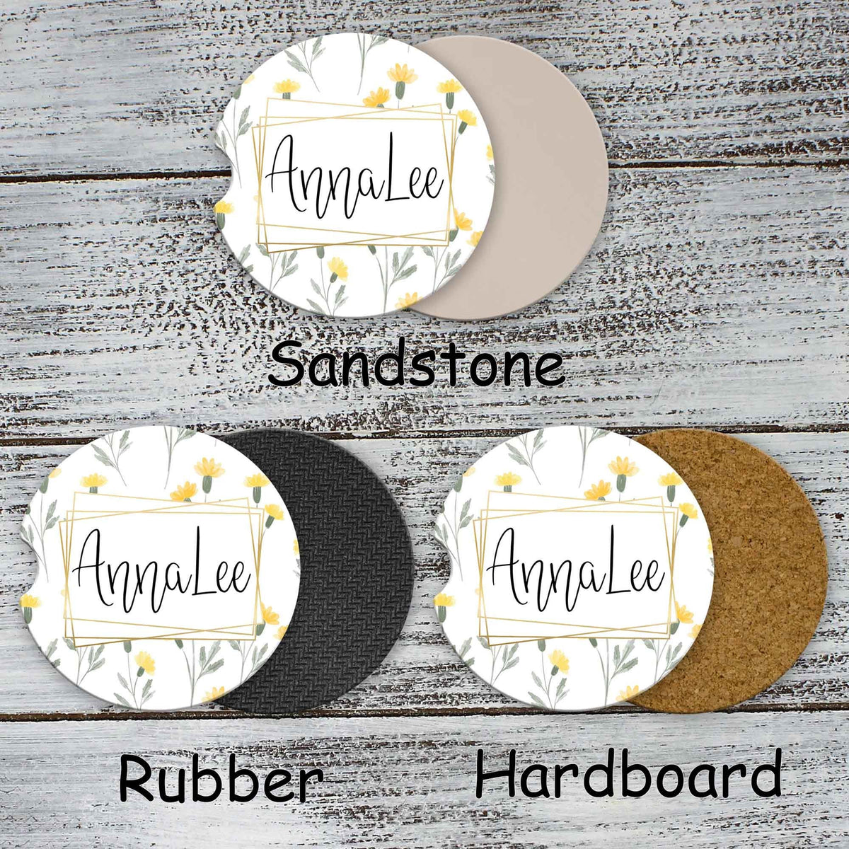 Personalized Car Coasters | Custom Car Accessories | Yellow Watercolor Flowers | Set of 2