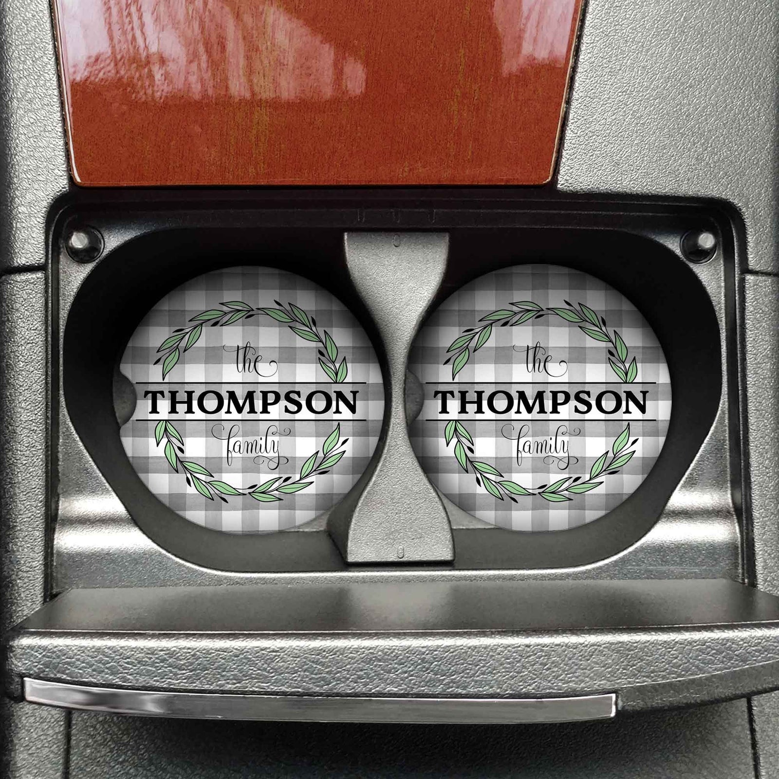 Personalized Car Coasters | Custom Car Accessories | Green Leaf | Set of 2