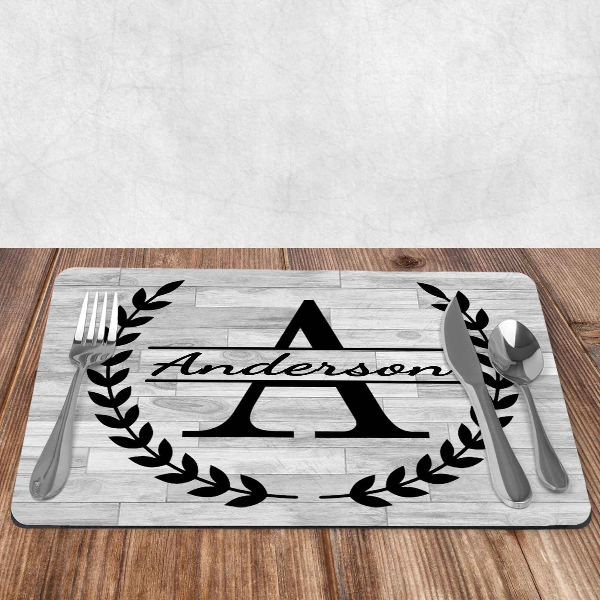 Custom Placemats | Personalized Dining and Serving | Laurel Wreath Split Monogram