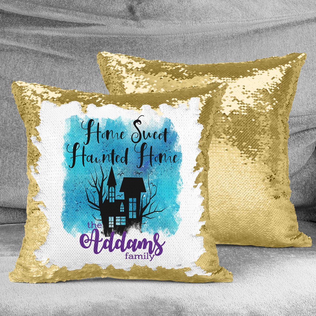 Personalized Sequin Throw Pillow | Custom Sequin Pillow | Home Sweet Haunted Home
