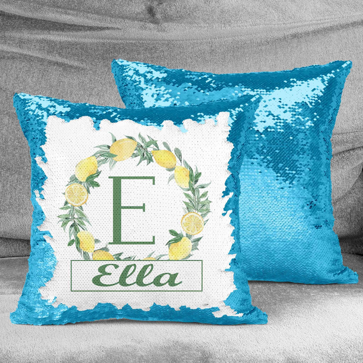 Personalized Sequin Throw Pillow | Custom Sequin Pillow | Lemon Wreath Monogram