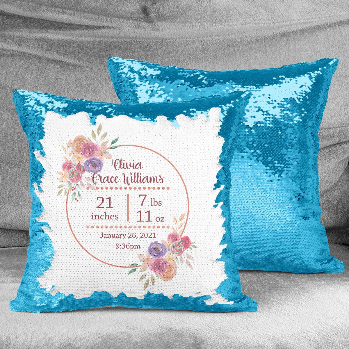 Personalized Sequin Throw Pillow | Custom Sequin Pillow | Pink Floral Baby Stats