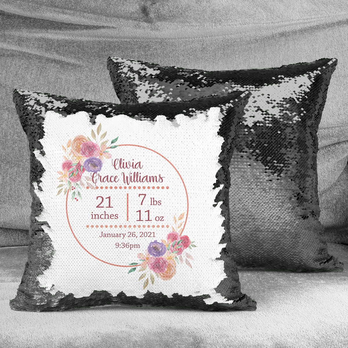 Personalized Sequin Throw Pillow | Custom Sequin Pillow | Pink Floral Baby Stats