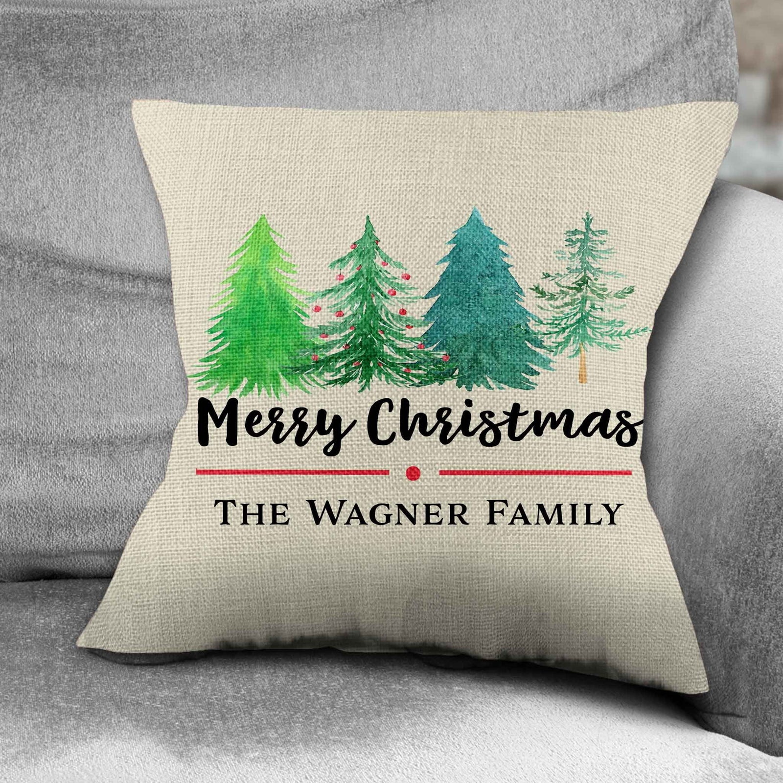 Personalized Throw Pillow | Custom Decorative Pillow | Merry Christmas Watercolor Tree