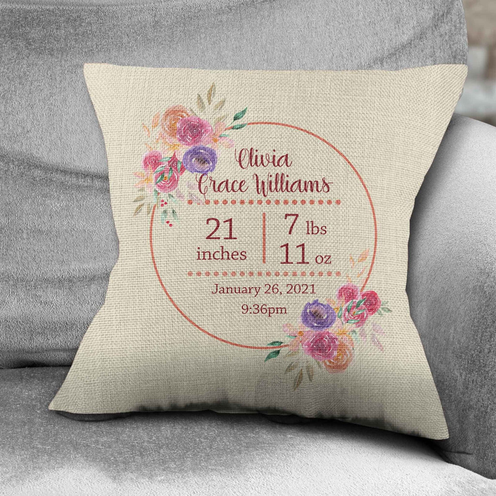Personalized Throw Pillow | Custom Decorative Pillow | Pink Floral Baby Stats