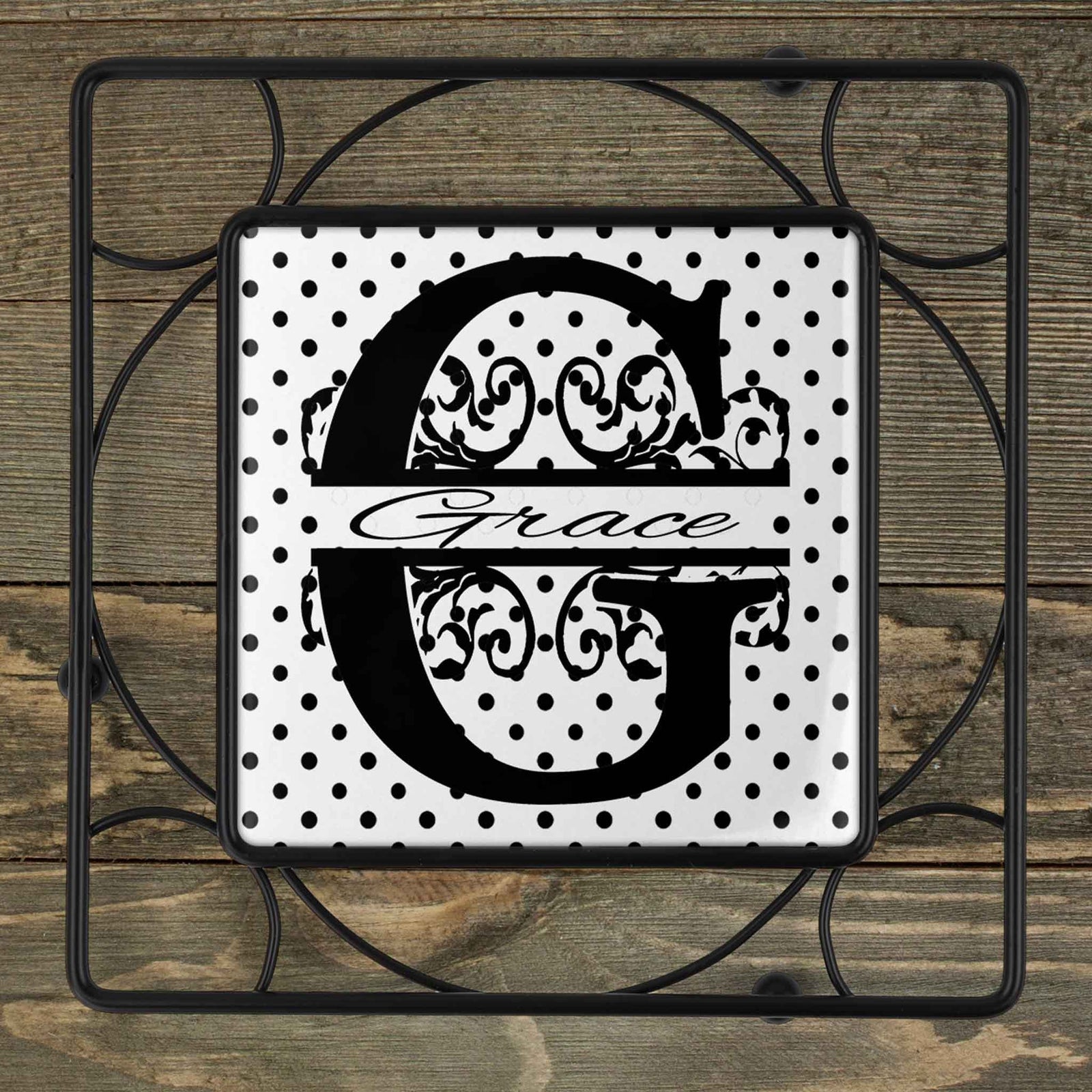 Personalized Iron Trivet | Custom Kitchen Gifts | Black and White Polka Dot