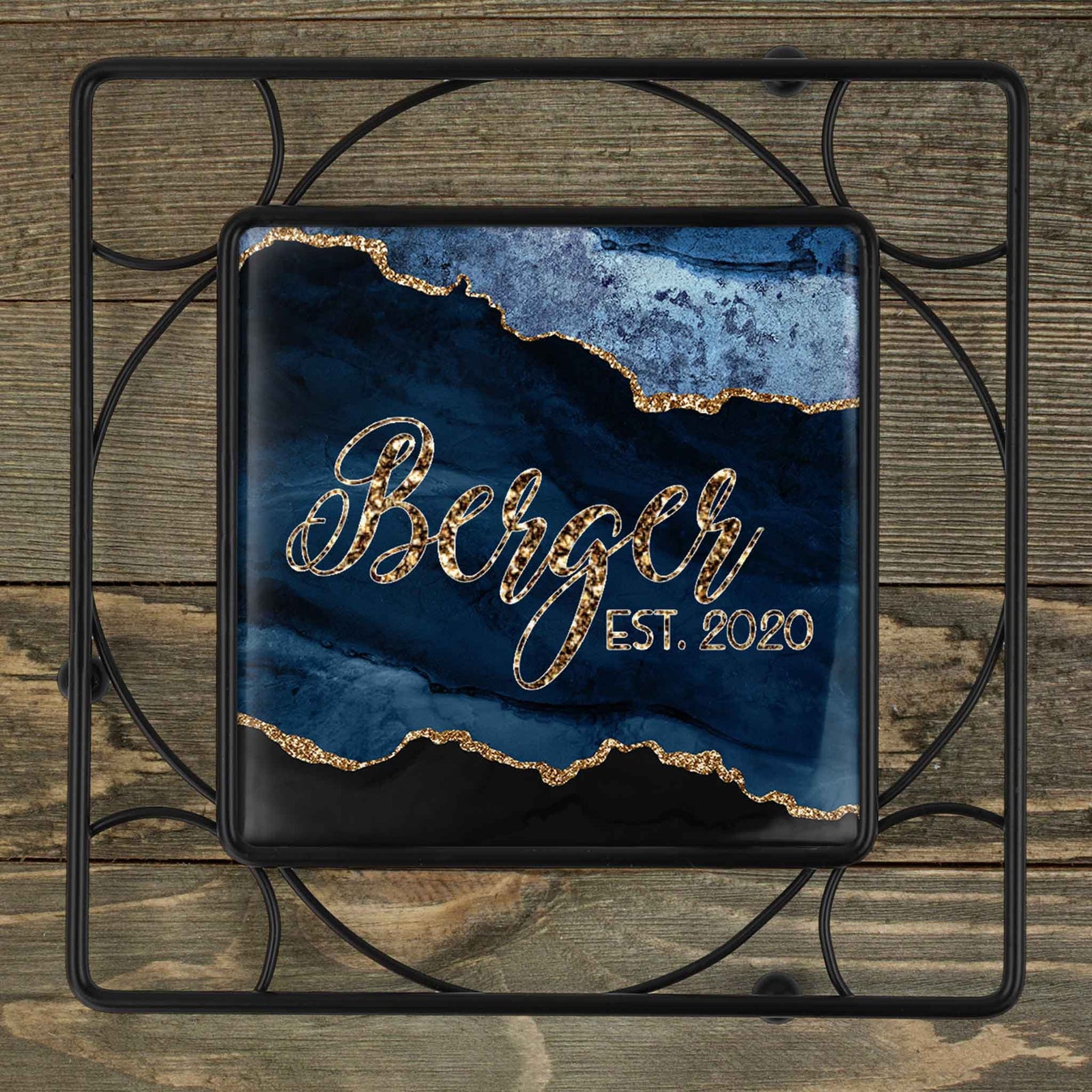 Personalized Iron Trivet | Custom Kitchen Gifts | Navy and Gold Agate
