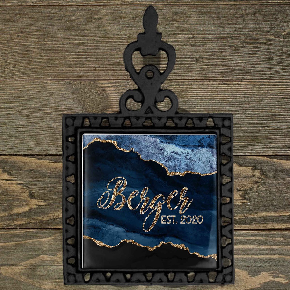 Personalized Iron Trivet | Custom Kitchen Gifts | Navy and Gold Agate