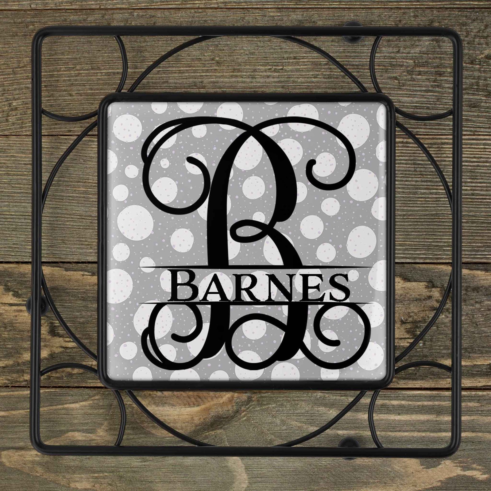 Personalized Iron Trivet | Custom Kitchen Gifts | Gray and White Polka Dots