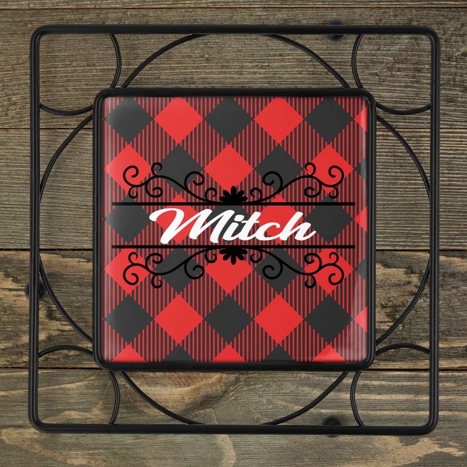 Personalized Iron Trivet | Custom Kitchen Gifts | Buffalo Plaid Vine