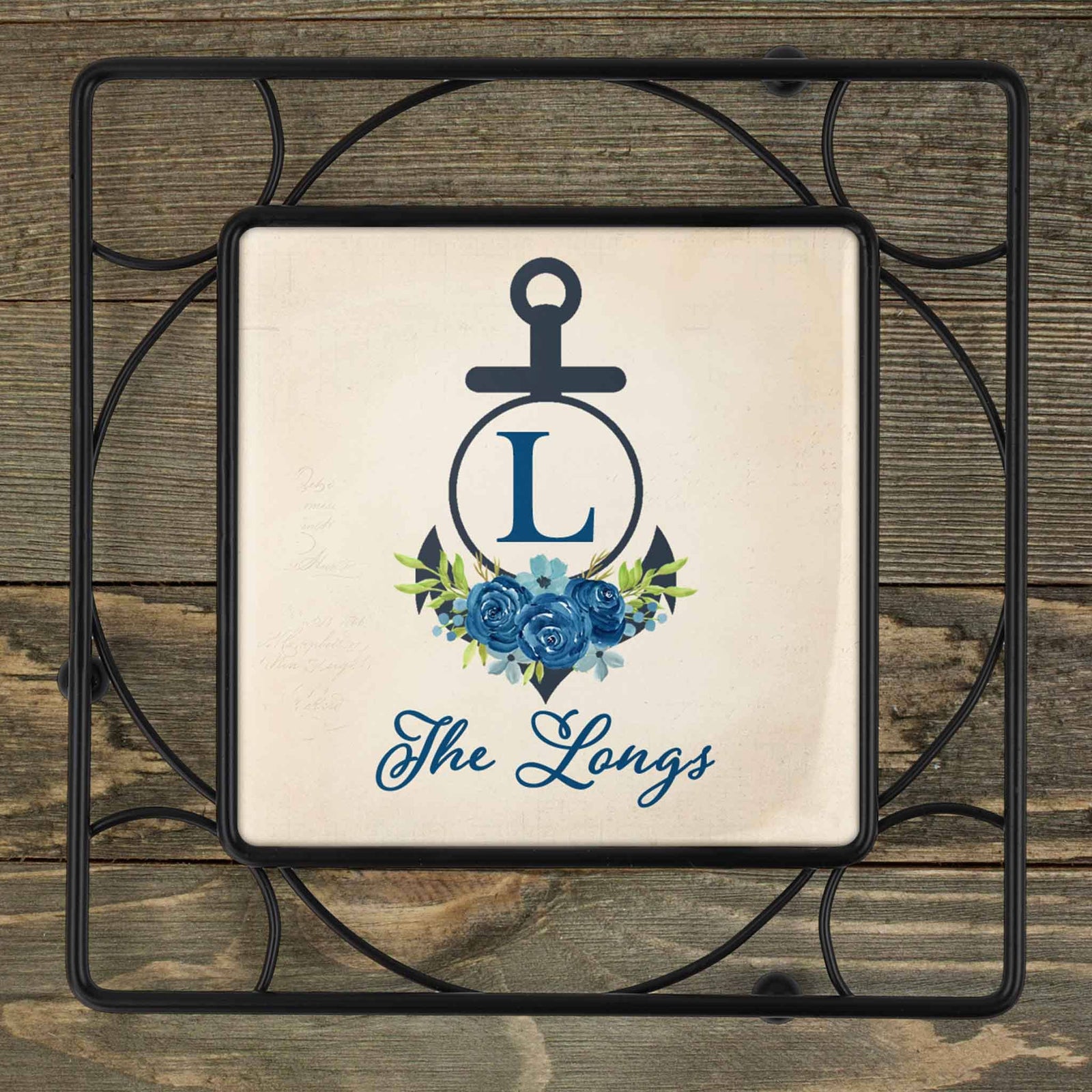 Personalized Iron Trivet | Custom Kitchen Gifts | Anchor with Navy Roses