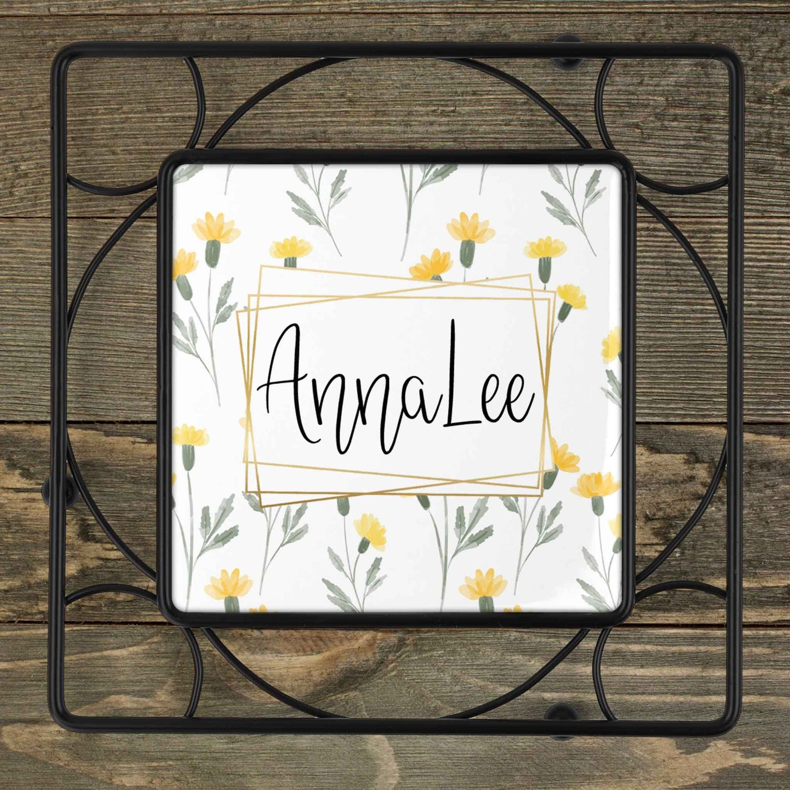 Personalized Iron Trivet | Custom Kitchen Gifts | Yellow Watercolor Flowers
